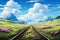 Anime landscape with train tracks and flowers, AI