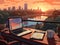 An anime laptop sitting on a table with a view of the city, AI