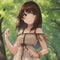 anime a little girl, brown hair and eyes, wears brown dress rests under the shade of the big tree in summer made with Ai