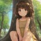 anime a little girl, brown hair and eyes, wears brown dress rests under the shade of the big tree in summer made with Ait