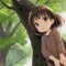 anime a little girl, brown hair and eyes, wears brown dress rests under the shade of the big tree in summer made with IA