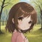 anime a little girl, medium brown hair and eyes, profile, close-up of face in spring