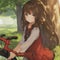anime a little girl in summer, brown eyes and brown long hair,wering red dress, above red bicycle, and rest under the big tree