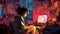 Anime-manga illustration of a young girl in her bedroom reading and listening to music. Generative AI