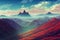 an anime mountain illustration with a foggy part, ai generated image