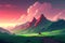 anime mountain sunset view. Generative AI