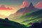 anime mountain sunset view. Generative AI