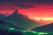 anime mountain sunset view. Generative AI