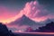 anime mountain view and pink sunset clouds. Generative AI