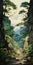 Anime Painting Of Mountainous Vistas With Trees And Rocks