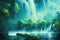anime painting of an unexplored rainforest with a lot of waterfalls, ai generated image