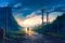 anime post-apocalyptic sunset over a ruined road. Generative AI