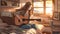 Anime poster of young girl with long brown hair playing guitar in her cozy bedroom