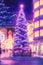 anime scenery of a tall christmas tree in a city, generative ai