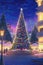 anime scenery of a tall christmas tree in a city, generative ai