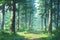 Anime screenshot of lush pine tree forest