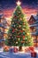 Anime style: Christmas tree decorated with blinkers with gift boxes Around,xmas wallpaper