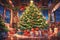 Anime style: Christmas tree decorated with blinkers with gift boxes Around,xmas wallpaper