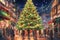 Anime style: Christmas tree decorated with blinkers with gift boxes Around,xmas wallpaper