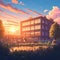 Anime style school building at sunset, serene ambiance without people
