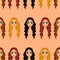 Anime style seamless pattern girls with different hair and color wavy loose long hair in beige background