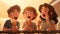 anime style three children on a balcony each holding a ice cream