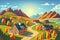 anime summer on the farm mountains fields houses and trees. Generative AI