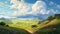 Animecore Landscape Painting: Hilly Landscape In Cloud-filled Field