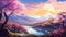 Animecore Landscape: Vibrant Blossom Trees And Majestic Mountains
