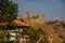 Ankara Castle. View of the fortress stone wall and the Turkish flag. Ankara capital city of Turkey