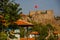 Ankara Castle. View of the fortress stone wall and the Turkish flag. Ankara capital city of Turkey