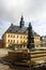 Annaberg-Buchholz, Germany - September 24, 2023: Market square of Annaberg with monument to Barbara Uthmann, who was a supporter