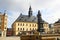 Annaberg-Buchholz, Germany - September 24, 2023: Market square of Annaberg with monument to Barbara Uthmann, who was a supporter