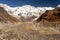 Annapurna 1 snowcapped mountain and its glacier during sunny clear day, Himalayas