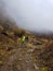 Annapurna Base Camp hiking trek, Himalayas, Nepal. November, 2018. Hikers on the way to Machapuchare Base Camp. Cloudy and rainy