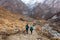 Annapurna region, Nepal - November 10, 2018: Hikers walk the track ABC to Machhapuchhre Base Camp, Himalaya, Nepal