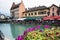 Annecy, France - September 9, 2021: the view of city canal with medieval buildings in Annecy Old Town, Restaurant near the River T