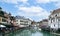 Annecy, France - September 9, 2021: the view of city canal with medieval buildings in Annecy Old Town, Restaurant near the River T