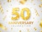 Anniversary 50 year card. Birthday glitter number decor. Golden confetti ribbon banner. Luxury gold background