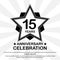 Anniversary celebration emblem 15th years. anniversary star logo label, black and white stamp isolated, vector illustration