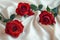 Anniversary elegance red roses on white satin cloth background