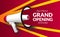 Announcement grand opening with megaphone speaker. flayer marketing banner template for business re open ceremony with red and