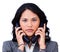 Annoyed businesswoman tangled up in phone wires