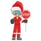 Annoyed industrial mechanic worker with Santa Claus hat with stop sign. Engineer with his personal protective equipment. Merry