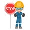 Annoyed industrial mechanic worker with stop sign. Engineer with his personal protective equipment. Safety first. Industrial