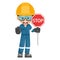 Annoyed industrial mechanic worker with stop sign. Engineer with his personal protective equipment. Safety first. Industrial