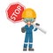 Annoyed industrial mechanic worker with stop sign. Engineer with his personal protective equipment. Safety first. Industrial