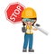 Annoyed industrial woman worker carrying stop sign. Construction worker with his personal protective equipment. Industrial safety