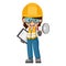 Annoyed industrial woman worker making an announcement with a megaphone with notepad. Supervising engineer with personal