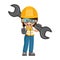 Annoyed industrial woman worker with mechanic wrench holding stop sign by hand. Concept of repair, preventive maintenance and